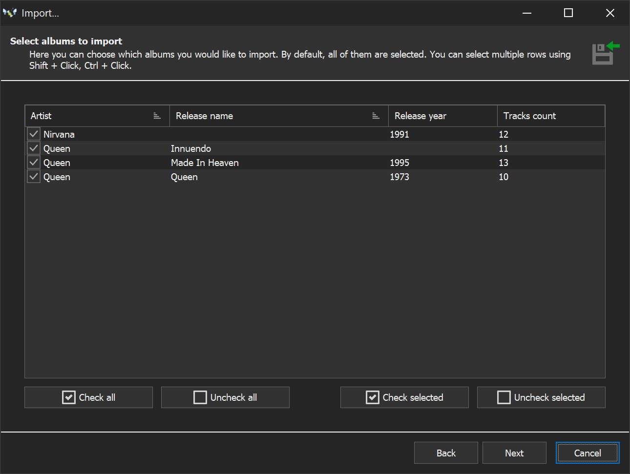 Passo 3 &mdash; scegli quali album importare