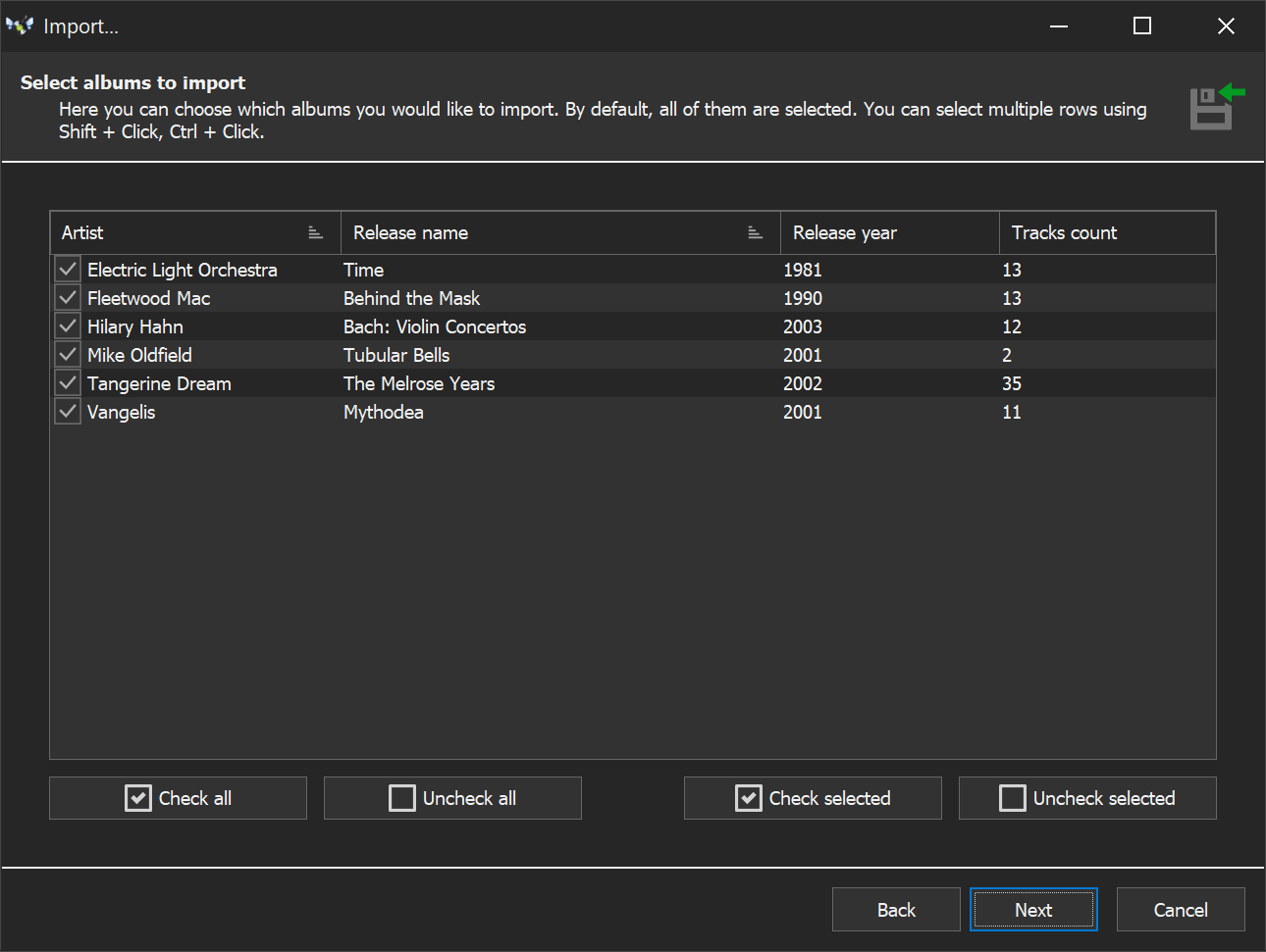 Trin 3 &mdash; vælg hvilke albums der skal importeres